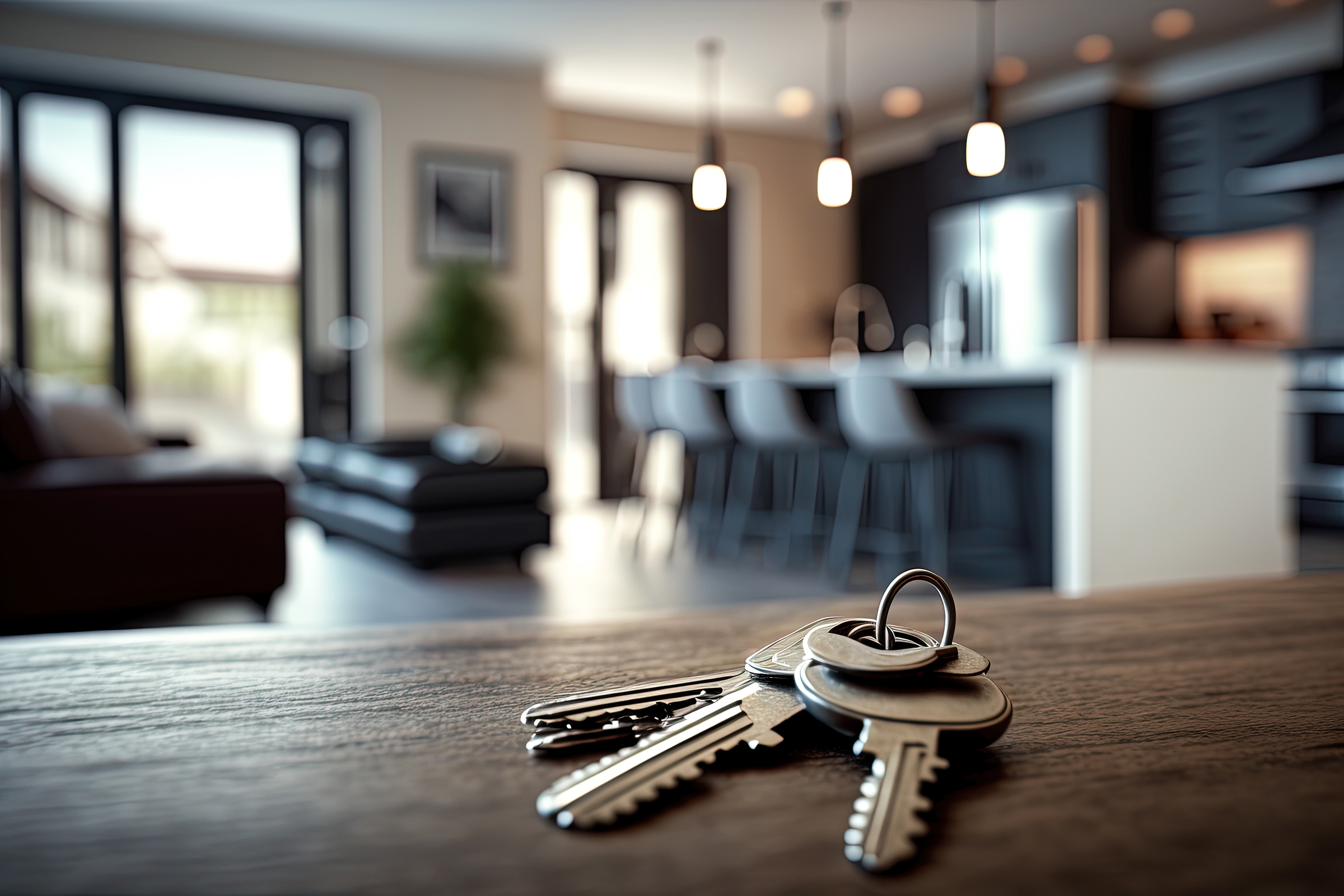 Keys on background new modern apartment or hotel room.